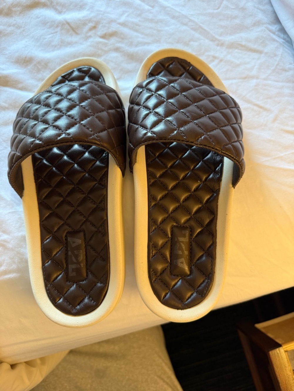 APL Quilted Slide Sandals in Brown and Cream size US 6.  UK 36